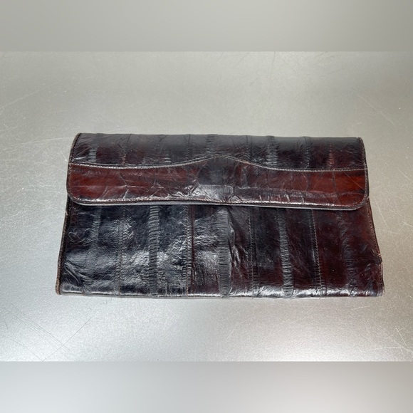 Handbags - Vintage Genuine Eel Skin Brown Leather Wallet Long Bag Clutch Organizer